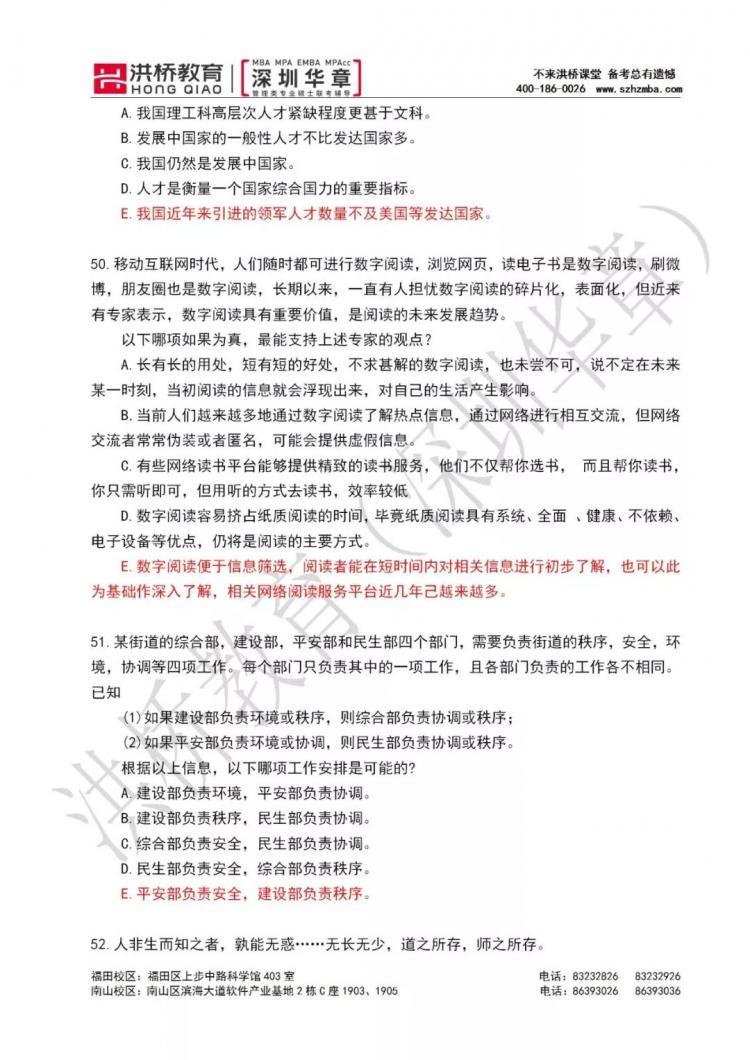 2020年管理类联考综合能力真题参考答案（华章版）（最新发布）