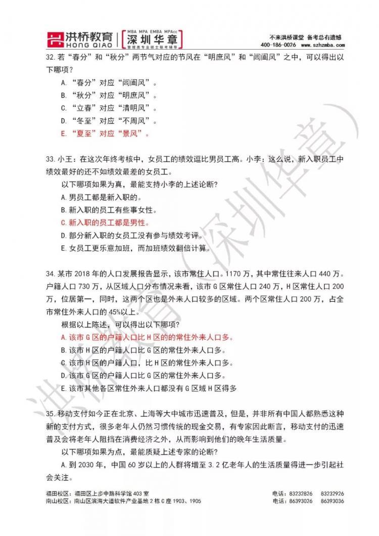 2020年管理类联考综合能力真题参考答案（华章版）（最新发布）