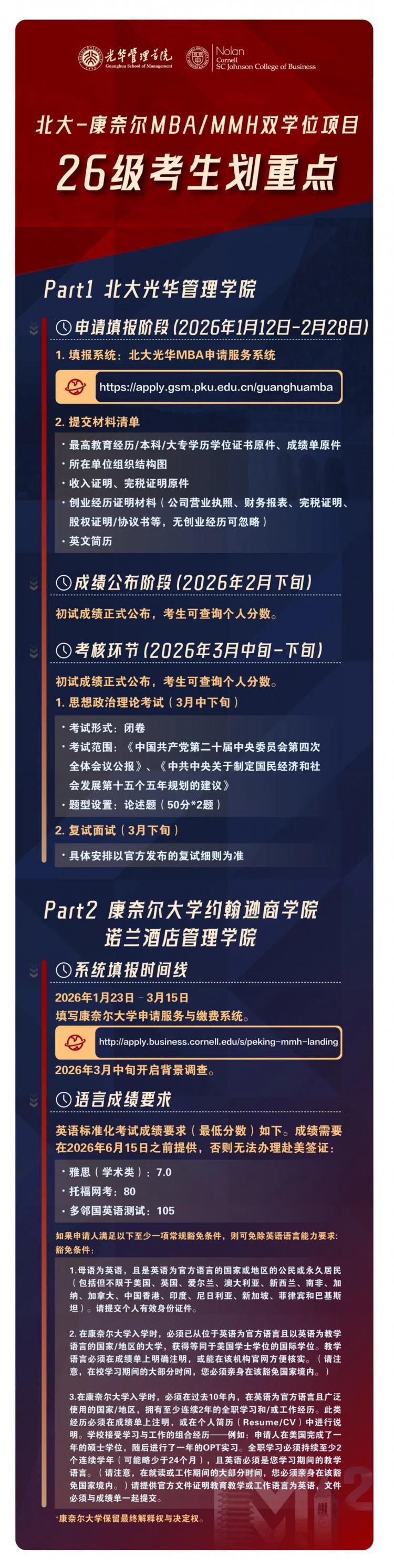 划重点 | 北大-康奈尔MBA/MMH双学位项目26级考生重要时间节点